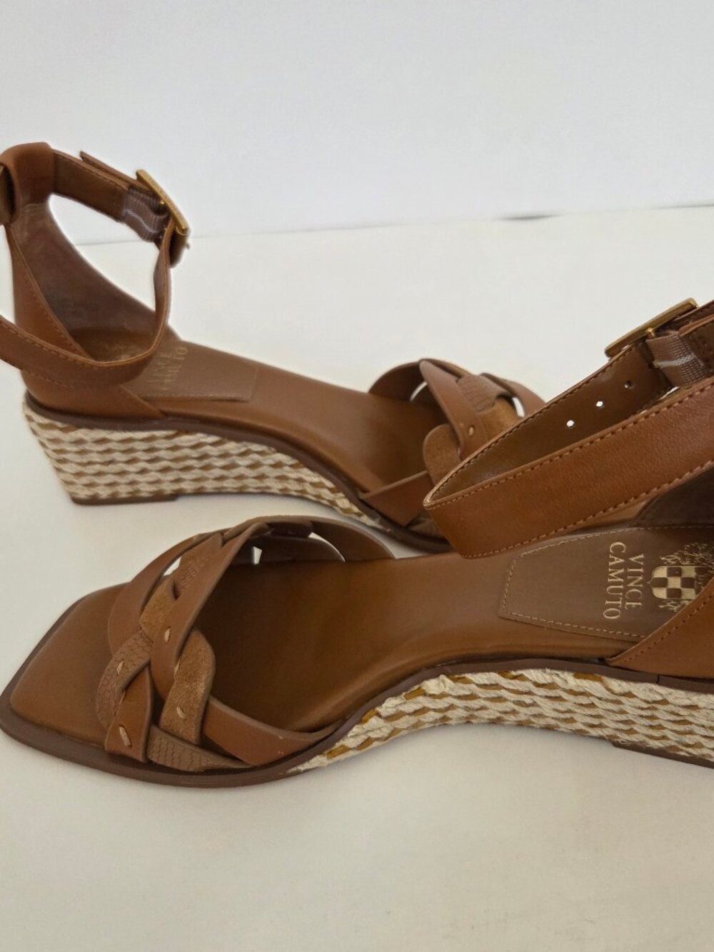 Vince Camuto Womens Baylees Sandals Sz 9 Leather Wedge Espadrille Aged Rum Brown